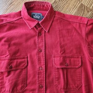 Woolrich Red Mens L Button Up Long Sleeve Shirt 100% Cotton Collared Work Casual